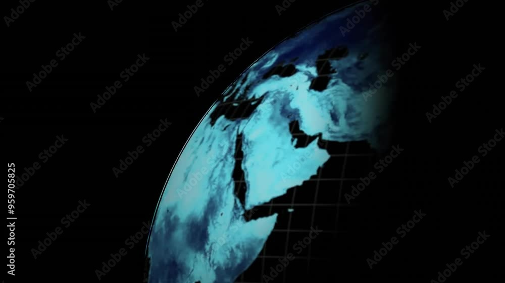 Poster rotating earth animation with grid lines over dark background