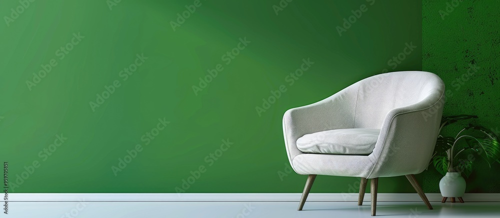 Poster Comfortable chair on a green backdrop. with copy space image. Place for adding text or design