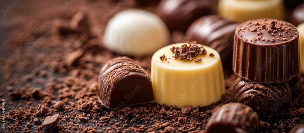 Aufkleber white and dark chocolate pieces in a yellow glass. with copy space image. place for adding text or d