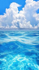 Obraz premium Vibrant blue ocean water under bright sky with fluffy clouds, perfect for showcasing tranquility and natural beauty.