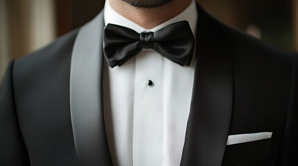 A young man dressed in a sleek black tuxedo stood confidently in the twilight, exuding sophistication.