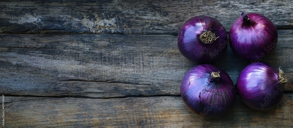 Leinwandbilder vegan blue onion on a wooden surface. with copy space image. place for adding text or design