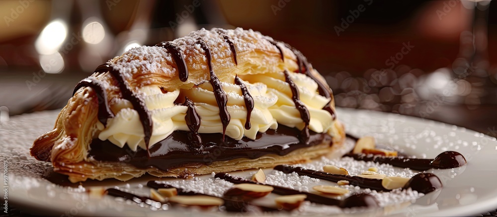 Poster close up of a chocolate coated puff pastry filled with cream and topped with almonds served on a whi