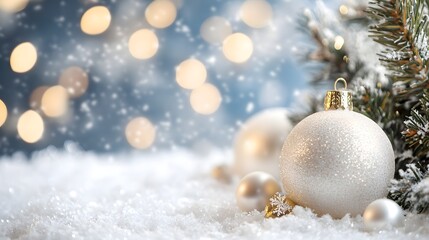 A sparkling silver Christmas ornament amidst snow and a festive pine tree backdrop, evoking a warm holiday spirit. 