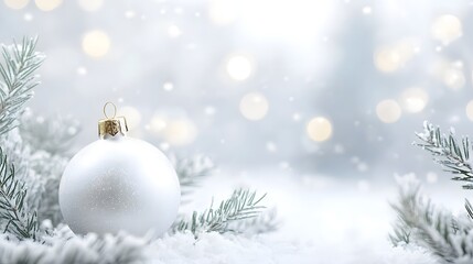 Fototapeta premium A sparkling white Christmas ornament nestled among frosted evergreen branches with a soft, blurred background of snowy bokeh lights.