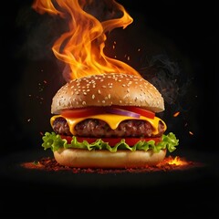 Close-up of home made tasty burger with french fries and fire flames.