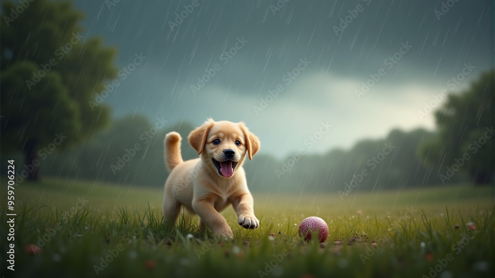 Poster A cheerful Labrador puppy runs through the rain on the green grass and plays with a ball