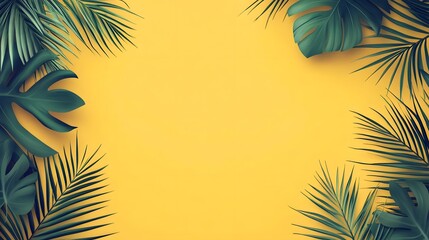 A vibrant yellow backdrop framed by lush green tropical leaves, ideal for summer-themed designs and creative projects. 