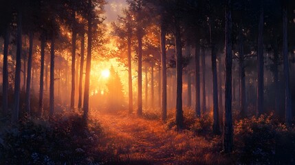 Fototapeta premium A serene forest scene at sunset, featuring tall trees and a glowing pathway illuminated by warm orange and golden hues. 