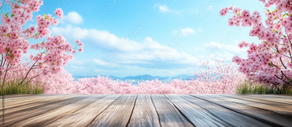 Poster wooden floor on sakura or flower queen tiger with a blue sky backdrop. with copy space image. place 