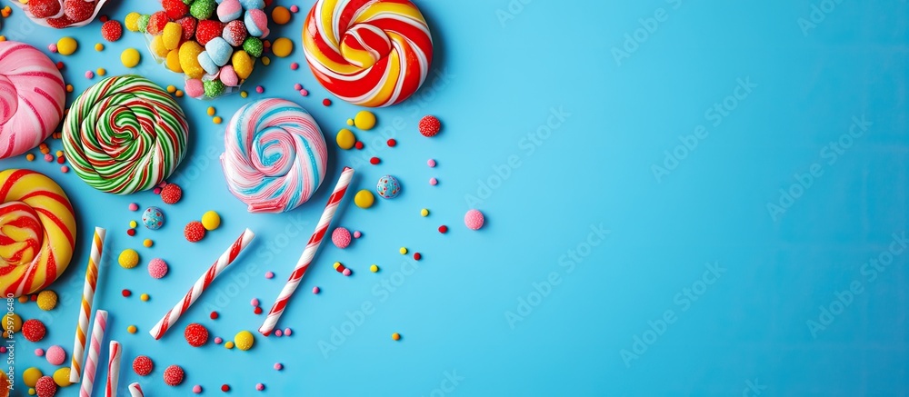 Leinwandbilder colorful sweet lollipops and candies on a blue background flat lay top view. with copy space image. 