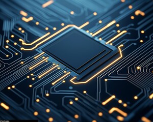 Close-up of a computer chip on a circuit board, with glowing lines representing data flow.