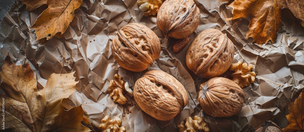 Aufkleber textured vintage paper background featuring freshly harvested walnuts. with copy space image. place 