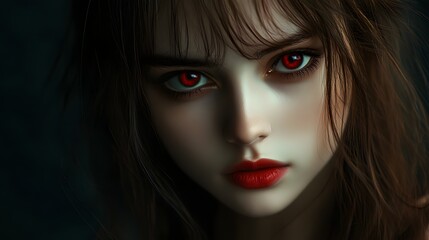 Naklejka premium A close-up portrait of a young woman with striking red eyes and dark hair, conveying an intense and intriguing emotion. 