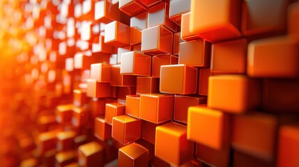 Dynamic 3D orange squares, staggered depth, sharp contrast, reflective surfaces. Abstract and Minimalistic Design Backgrounds