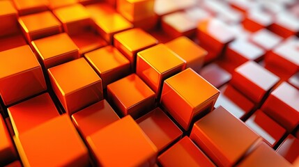 Dynamic 3D orange squares, staggered depth, sharp contrast, reflective surfaces. Abstract and Minimalistic Design Backgrounds