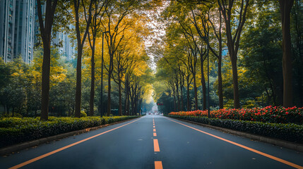 Fototapeta premium Empty Road Through Green Trees and Buildings