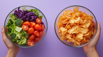 Healthy Salad vs Junk Food Chips in Contrasting Hands