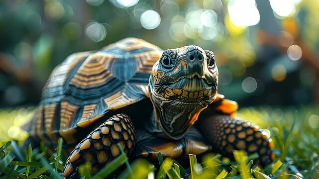 Close-up of ornate tortoise on grass in sunlight, nature and wildlife concept