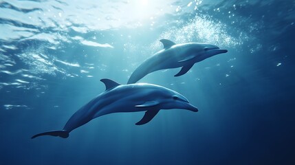 Two playful dolphins swimming gracefully underwater, surrounded by shimmering light rays. 