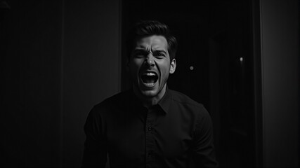 Fototapeta premium A man in a dark room screams loudly