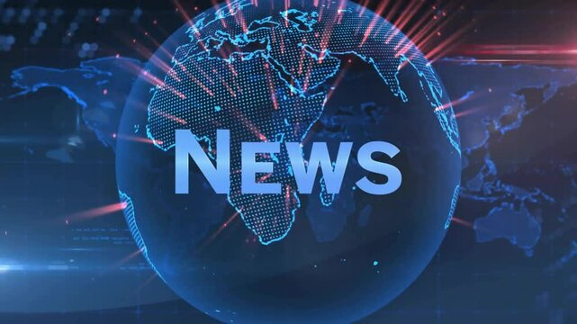 NEWS text animation over digital globe with red and blue light effects