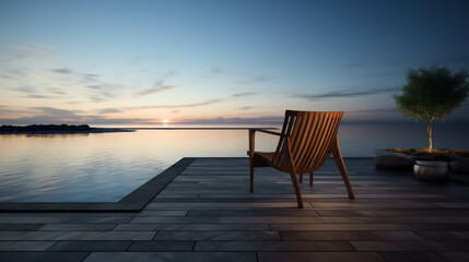 Fototapeta premium Serene Sunset Sanctuary: A lone wooden chair invites contemplation beside an infinity pool, overlooking a breathtaking ocean sunset. 