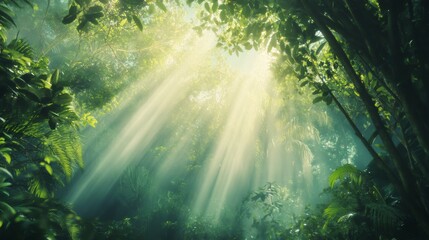 Sunbeams shining through dense green foliage in a tropical rainforest.