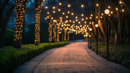 Obraz premium Tranquil Pathway Illuminated by Minimalist Lights, a serene walkway featuring soft, glowing lights that guide the way through a peaceful, open environment.