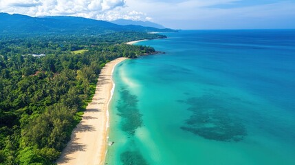 Aerial perspective of Khao Lak's pristine beaches, bordered by lush rainforests and clear blue ocean waters.