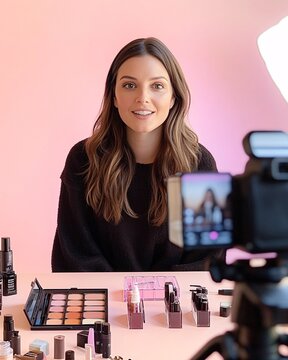 A cheerful influencer showcasing beauty products in a cozy setup, perfect for makeup tutorials and product reviews.