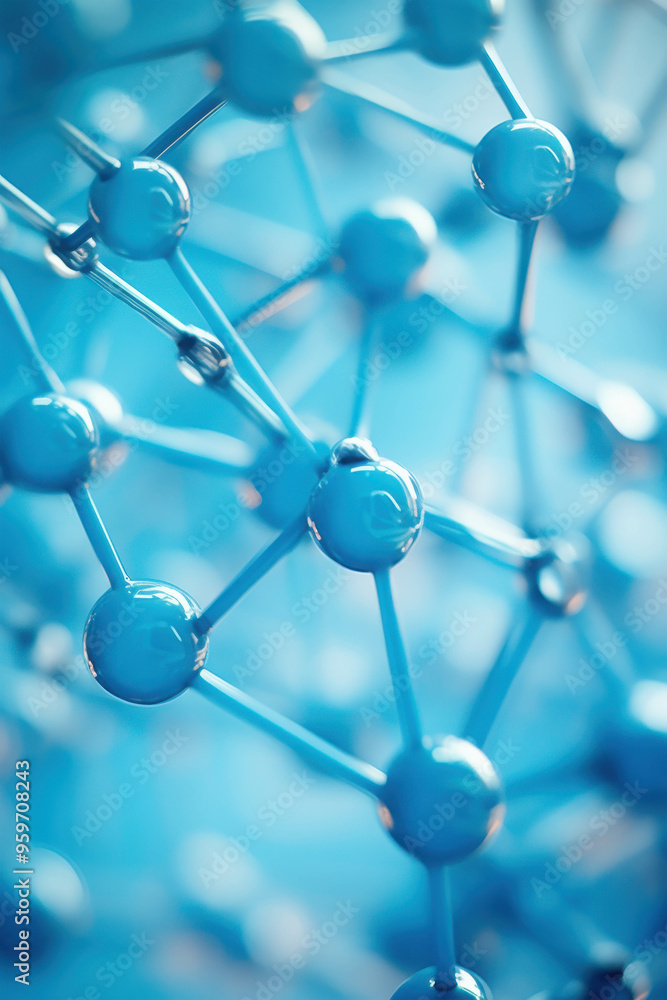 Poster molecular network: a close-up 3d rendering of a vibrant blue molecular structure, emphasizing connec