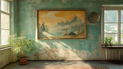 Old Room with Mountain Painting and Potted Plant