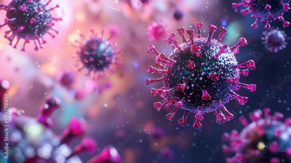 Poster a 3d rendering of a virus attacking a group of healthy cells, with vibrant color contrast between th