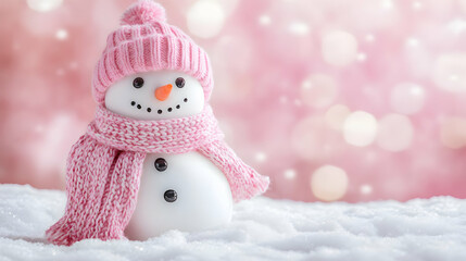 Cute Snowman in Pink Knit Hat and Scarf on Snowy Background