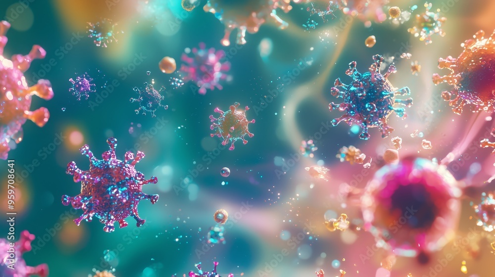 Poster microscopic view of diverse virus cells in various shapes and colors floating in a bright, liquid-li