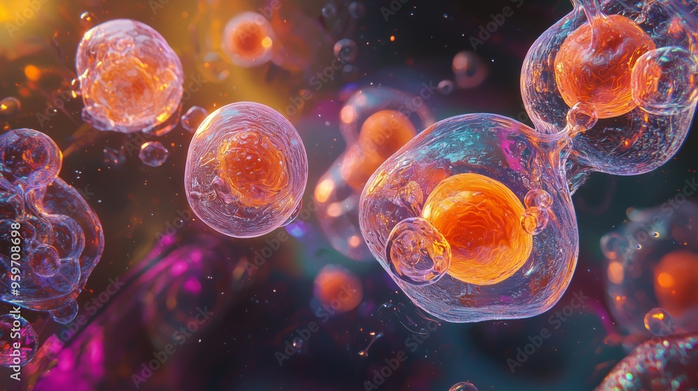 Poster a colorful 3d rendering of amoeba cells, with glowing orange membranes and intricate cell structures