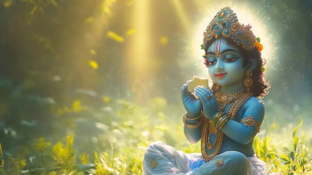 A child is sitting in a grassy field with a gold object in his hand