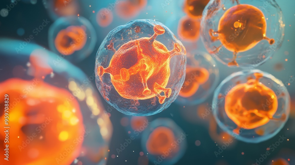 Poster a colorful 3d rendering of amoeba cells, with glowing orange membranes and intricate cell structures