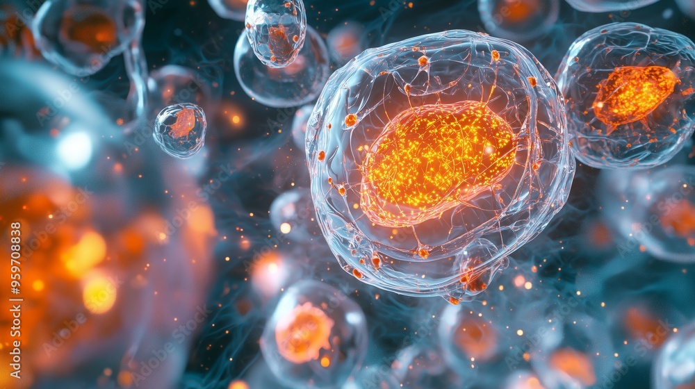 Poster a colorful 3d rendering of amoeba cells, with glowing orange membranes and intricate cell structures