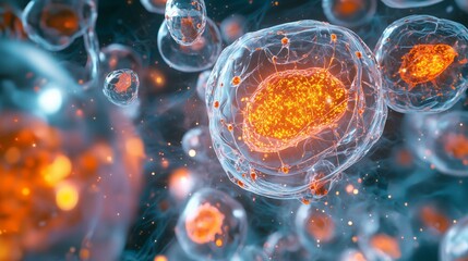 A colorful 3D rendering of amoeba cells, with glowing orange membranes and intricate cell structures, floating in a transparent environment