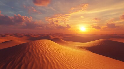 Golden sunset over a vast desert landscape with rolling sand dunes.