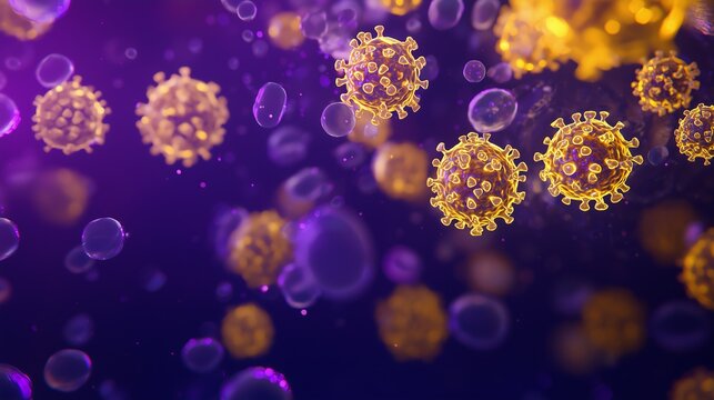 A dynamic 3D rendering of polio virus particles, glowing in yellow with intricate surface details, suspended in a dark purple environment