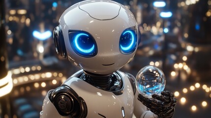 Small futuristic robot holding glass orb