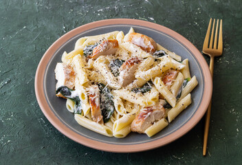 Pasta alfredo with chicken, spinach and cheese. Italian food.