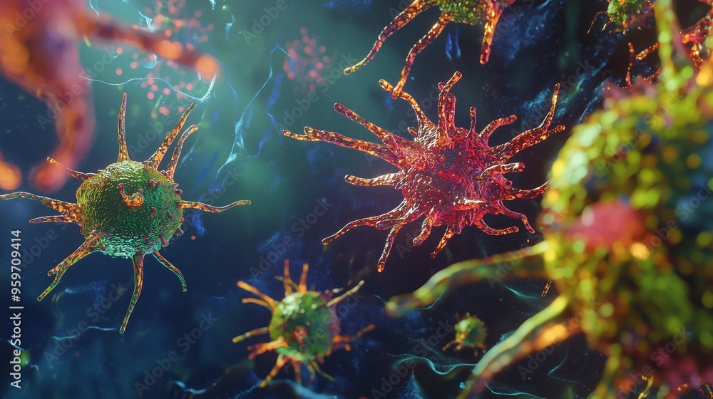 Aufkleber a 3d rendering of a virus attacking a group of healthy cells, with vibrant color contrast between th