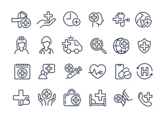 Health care and medical icon set. icons for hospital, health care, emergency, doctor, diagnosis, report, illness, ambulance and more. vector design.