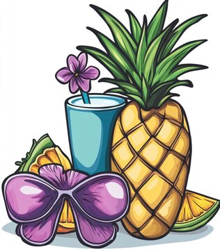 pineapple, drink, flower, bow, summer still life clip art preview