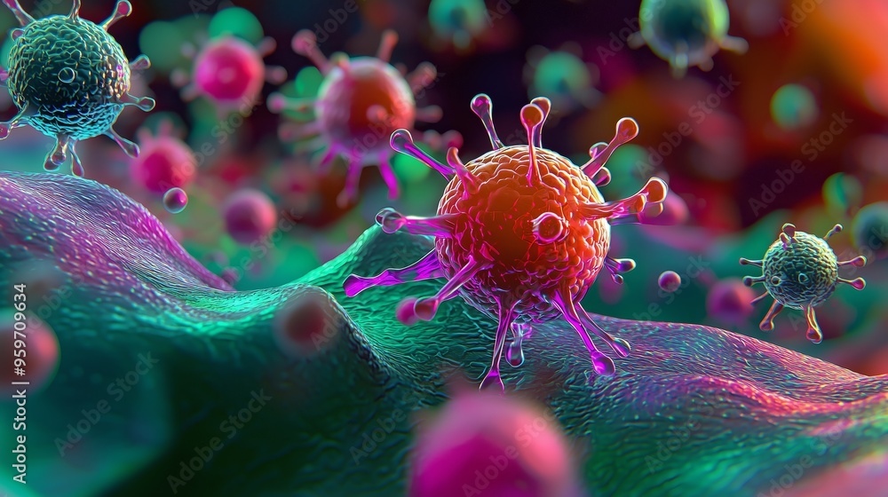 Poster a 3d rendering of a virus attacking a group of healthy cells, with vibrant color contrast between th