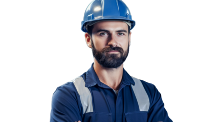 Handsome man industrial engineer wearing a blue workwear and hardhat isolated on transparent background PNG. 